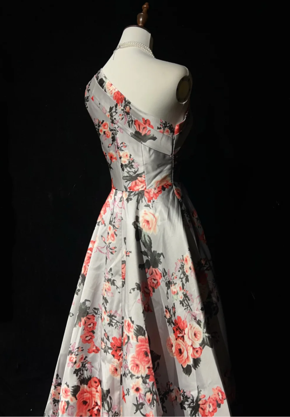 Vintage A-Line Floral Long Prom Dress Satin One-shoulder Evening Dress Sleeveless Birthday Dress ED06465