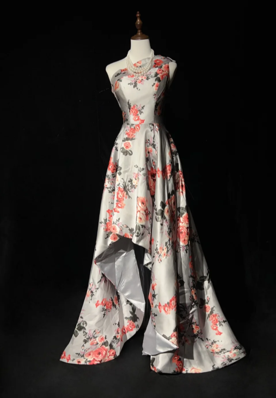 Vintage A-Line Floral Long Prom Dress Satin One-shoulder Evening Dress Sleeveless Birthday Dress ED06465