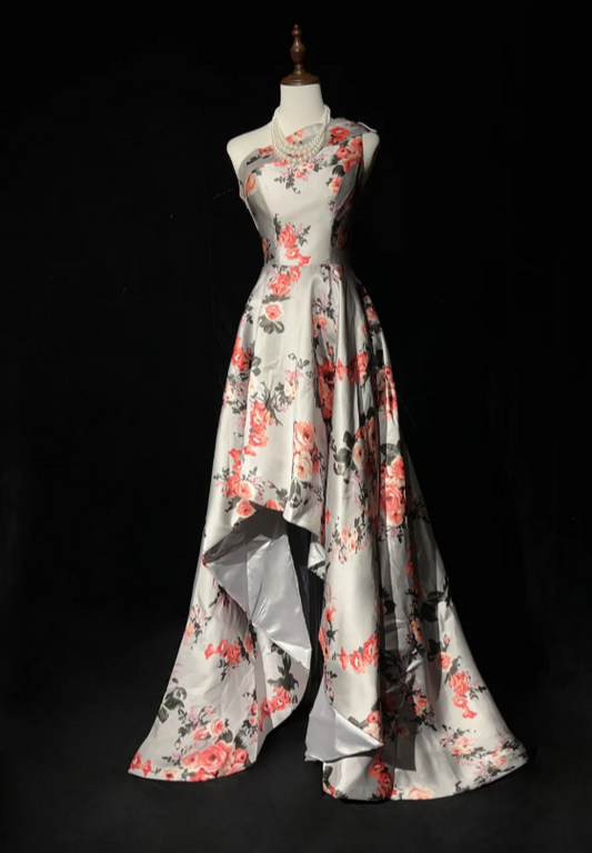 Vintage A-Line Floral Long Prom Dress Satin One-shoulder Evening Dress Sleeveless Birthday Dress ED06465