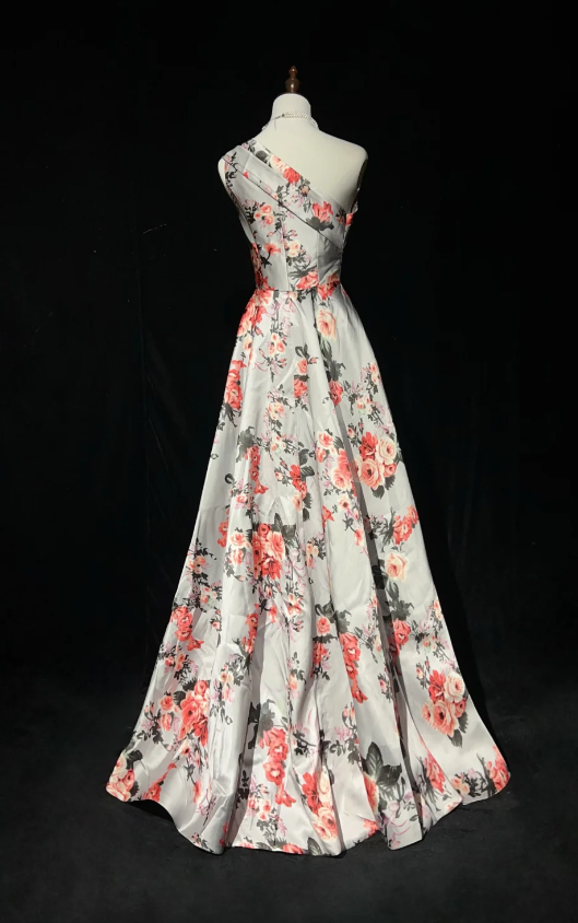Vintage A-Line Floral Long Prom Dress Satin One-shoulder Evening Dress Sleeveless Birthday Dress ED06465