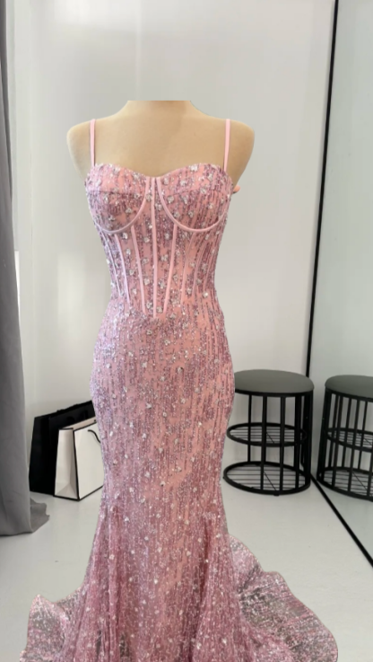Chic Mermaid Pink Long Prom Dress Sequins Tulle Spaghetti Straps Evening Dress Sleeveless Birthday Dress ED06466