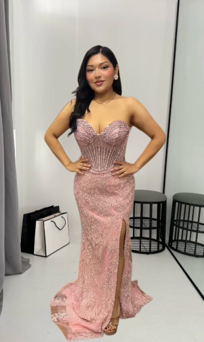 Chic Mermaid Pink Long Prom Dress Beaded Tulle Sweetheart Slit Evening Dress Sleeveless Birthday Dress ED06467