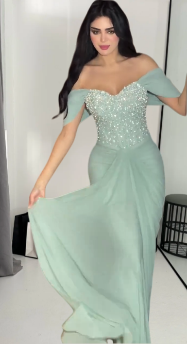 Chic Sheath Green Long Prom Dress Beaded Chiffon Off-shoulder Evening Dress Sleeveless Birthday Dress ED06469