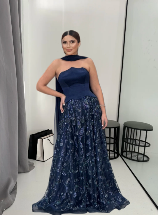 Chic Sheath Navy Blue Long Prom Dress Tulle Satin Strapless Evening Dress Sleeveless Birthday Dress ED06470