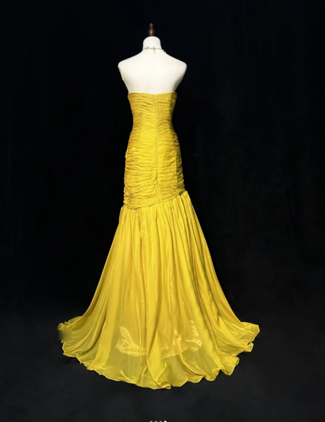 Chic Sheath Yellow Long Prom Dress Chiffon Pleated Strapless Evening Dress Sleeveless Birthday Dress ED06471