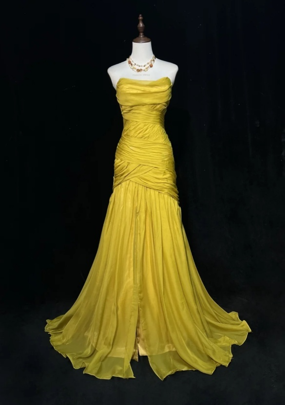 Chic Sheath Yellow Long Prom Dress Chiffon Pleated Strapless Evening Dress Sleeveless Birthday Dress ED06471