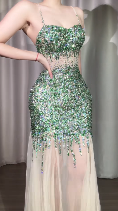 Chic Sheath Green Long Prom Dress Sequins Tulle Spaghetti Straps Evening Dress Backless Birthday Dress ED06472