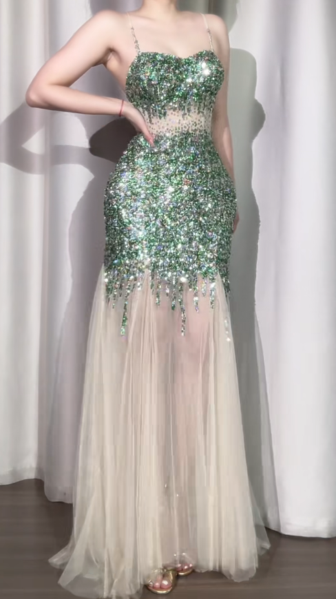 Chic Sheath Green Long Prom Dress Sequins Tulle Spaghetti Straps Evening Dress Backless Birthday Dress ED06472