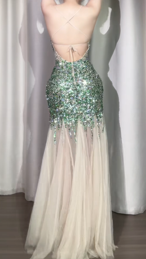 Chic Sheath Green Long Prom Dress Sequins Tulle Spaghetti Straps Evening Dress Backless Birthday Dress ED06472