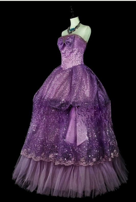 Chic A-Line Purple Long Prom Dress Sequins Tulle Strapless Evening Dress Sleeveless Birthday Dress ED06473