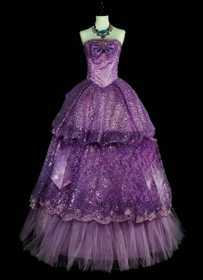 Chic A-Line Purple Long Prom Dress Sequins Tulle Strapless Evening Dress Sleeveless Birthday Dress ED06473