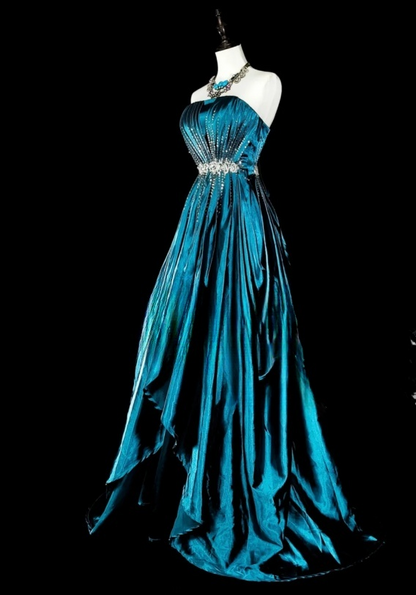Chic A-Line Long Prom Dress Satin Strapless Evening Dress Sleeveless Birthday Dress ED06474