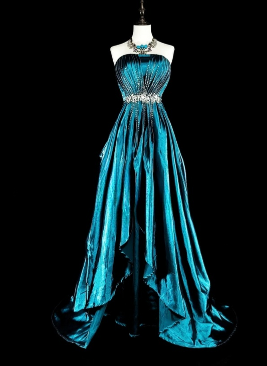 Chic A-Line Long Prom Dress Satin Strapless Evening Dress Sleeveless Birthday Dress ED06474