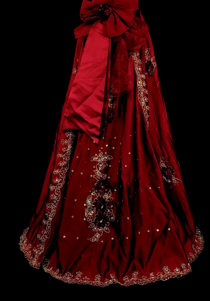 Chic A-Line Burgundy Long Prom Dress Applique Satin Strapless Evening Dress Sleeveless Birthday Dress ED06475