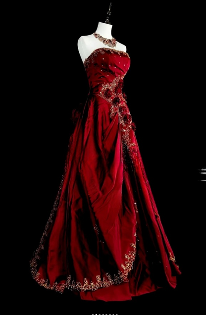 Chic A-Line Burgundy Long Prom Dress Applique Satin Strapless Evening Dress Sleeveless Birthday Dress ED06475