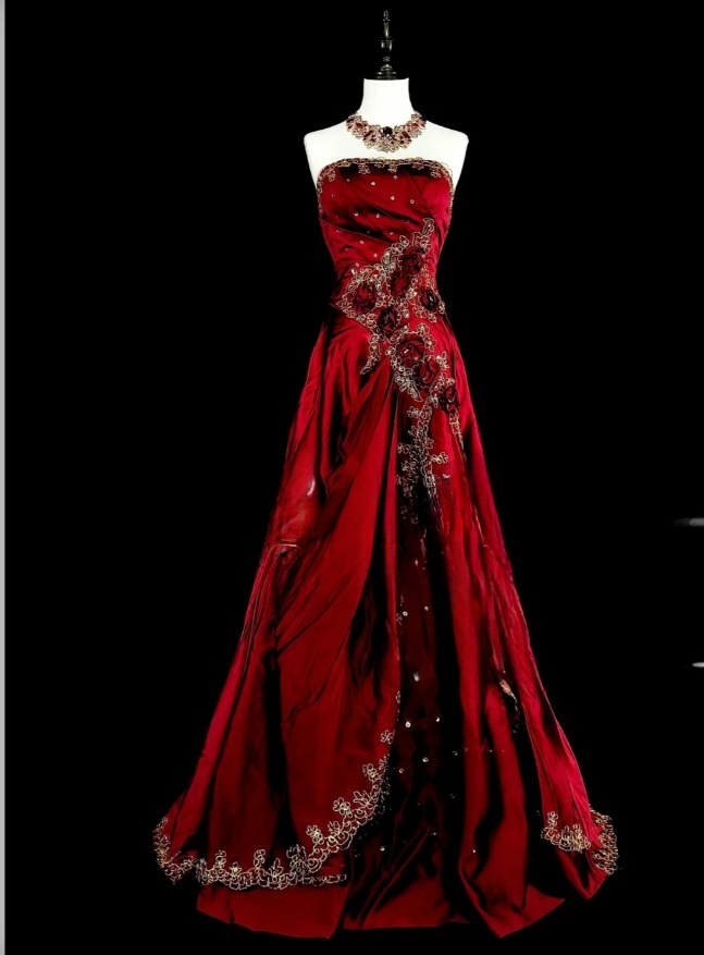 Chic A-Line Burgundy Long Prom Dress Applique Satin Strapless Evening Dress Sleeveless Birthday Dress ED06475