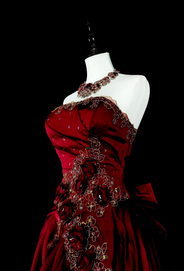 Chic A-Line Burgundy Long Prom Dress Applique Satin Strapless Evening Dress Sleeveless Birthday Dress ED06475