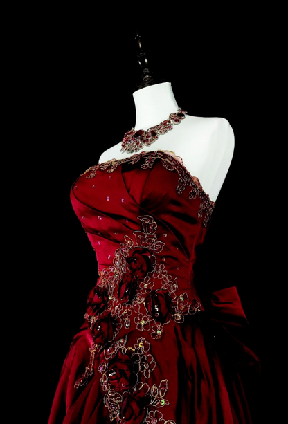 Chic A-Line Burgundy Long Prom Dress Applique Satin Strapless Evening Dress Sleeveless Birthday Dress ED06475
