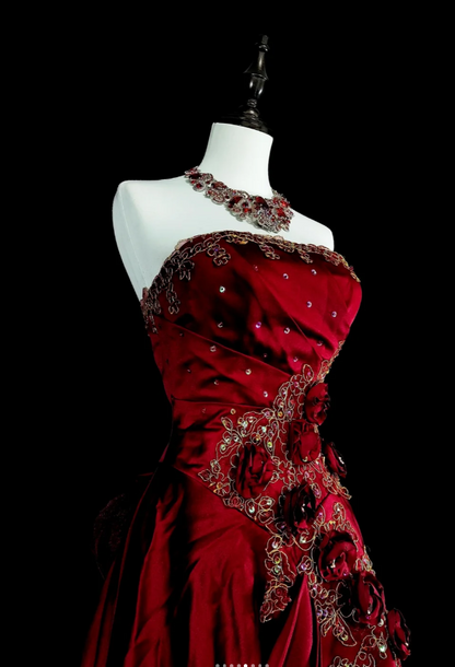 Chic A-Line Burgundy Long Prom Dress Applique Satin Strapless Evening Dress Sleeveless Birthday Dress ED06475