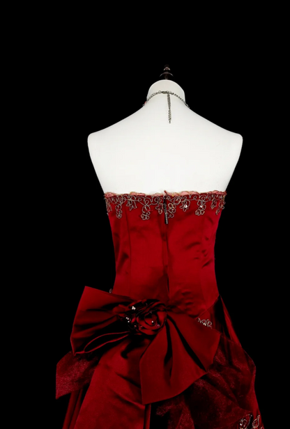 Chic A-Line Burgundy Long Prom Dress Applique Satin Strapless Evening Dress Sleeveless Birthday Dress ED06475