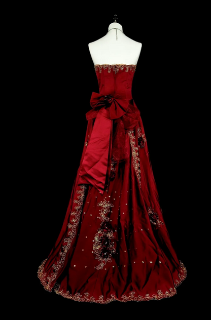 Chic A-Line Burgundy Long Prom Dress Applique Satin Strapless Evening Dress Sleeveless Birthday Dress ED06475