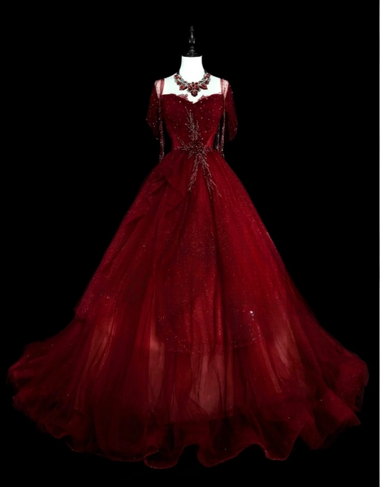 Chic A-Line Burgundy Long Prom Dress Applique Tulle Sweetheart Evening Dress Sleeveless Birthday Dress ED06476