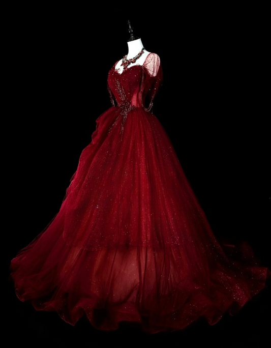 Chic A-Line Burgundy Long Prom Dress Applique Tulle Sweetheart Evening Dress Sleeveless Birthday Dress ED06476