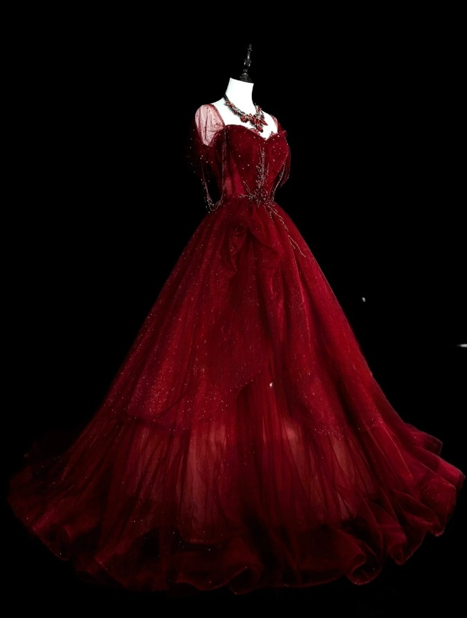Chic A-Line Burgundy Long Prom Dress Applique Tulle Sweetheart Evening Dress Sleeveless Birthday Dress ED06476
