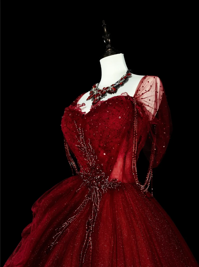 Chic A-Line Burgundy Long Prom Dress Applique Tulle Sweetheart Evening Dress Sleeveless Birthday Dress ED06476