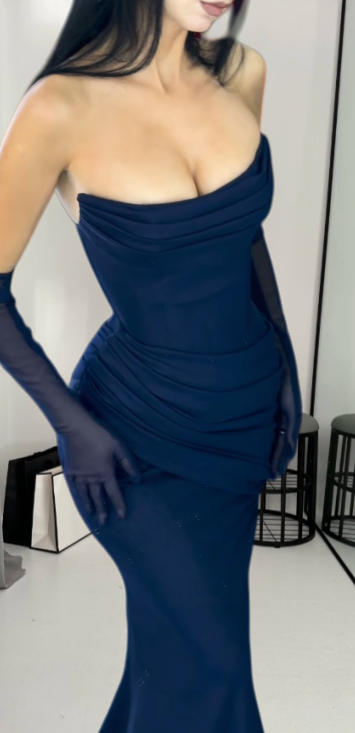 Chic Sheath Black Long Prom Dress Chiffon Strapless Evening Dress Sleeveless Birthday Dress ED06477