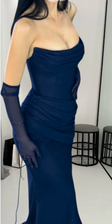 Chic Sheath Black Long Prom Dress Chiffon Strapless Evening Dress Sleeveless Birthday Dress ED06477