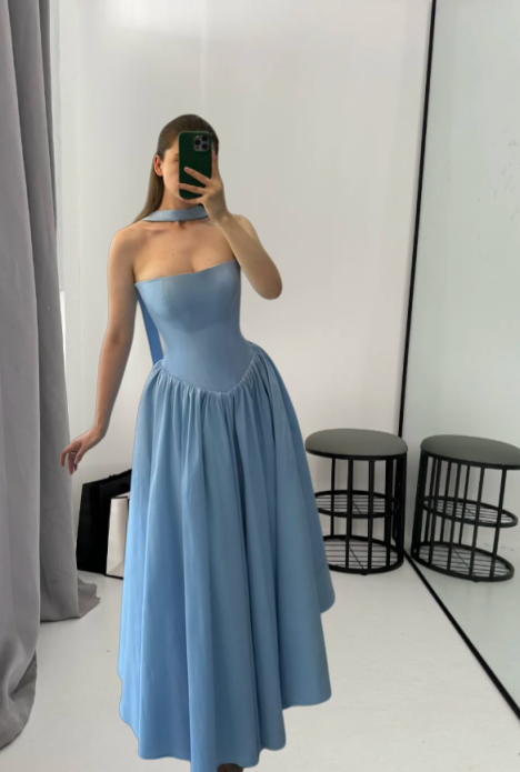 Chic A-Line Blue Long Prom Dress Satin Strapless Evening Dress Sleeveless Birthday Dress ED06479