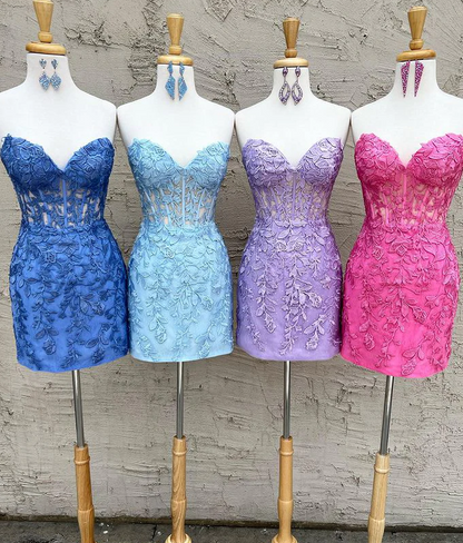 Blaues kurzes Ballkleid mit herzförmigem Ausschnitt und Spitze, blaues Homecoming-Kleid ED0648