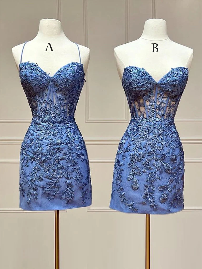 Blaues kurzes Ballkleid mit herzförmigem Ausschnitt und Spitze, blaues Homecoming-Kleid ED0648