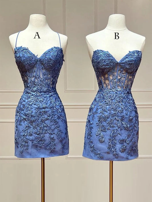 Blaues kurzes Ballkleid mit herzförmigem Ausschnitt und Spitze, blaues Homecoming-Kleid ED0648