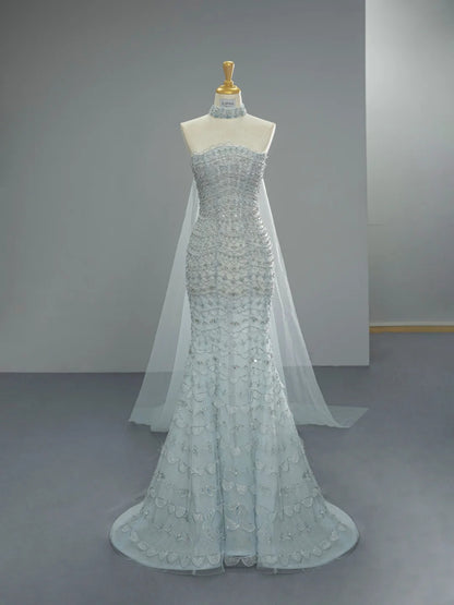 Chic Mermaid ice Blue Long Prom Dress Beaded Tulle Strapless Evening Dress Sleeveless Birthday Dress ED06480