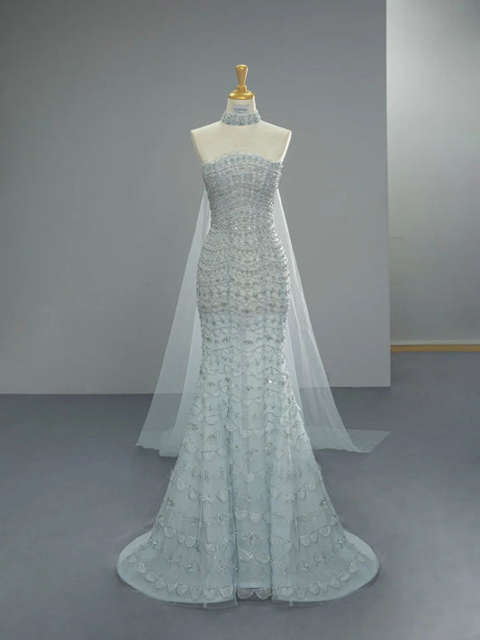 Chic Mermaid ice Blue Long Prom Dress Beaded Tulle Strapless Evening Dress Sleeveless Birthday Dress ED06480