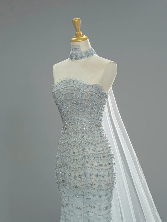 Chic Mermaid ice Blue Long Prom Dress Beaded Tulle Strapless Evening Dress Sleeveless Birthday Dress ED06480