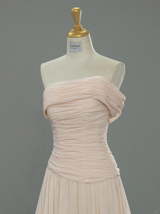 Chic A-Line Blush Pink Long Prom Dress Tulle Strapless Evening Dress Sleeveless Birthday Dress ED06481