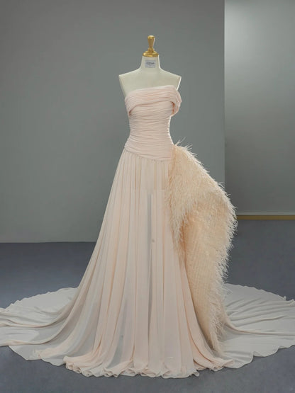 Chic A-Line Blush Pink Long Prom Dress Tulle Strapless Evening Dress Sleeveless Birthday Dress ED06481
