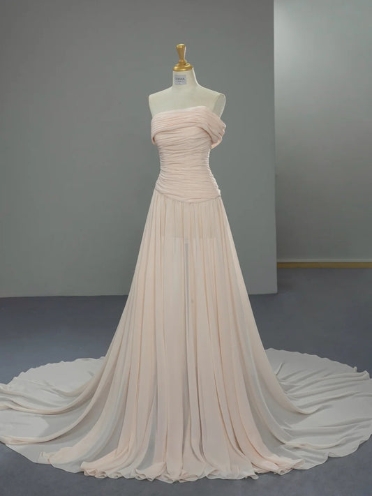 Chic A-Line Blush Pink Long Prom Dress Tulle Strapless Evening Dress Sleeveless Birthday Dress ED06481