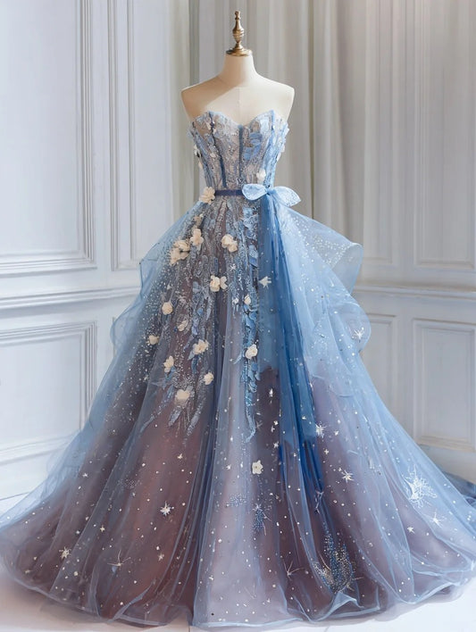 Chic A-Line Blue Long Prom Dress Appliques Tulle Sweetheart Evening Dress Sleeveless Birthday Dress ED06483