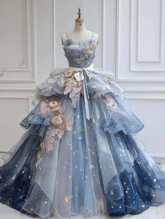 Chic A-Line Blue Long Prom Dress Appliques Tulle Flowers Spaghetti Straps Evening Dress Sleeveless Birthday Dress ED06484