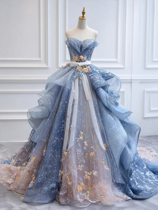 Chic A-Line Blue Long Prom Dress Appliques Tulle Sweetheart Evening Dress Sleeveless Birthday Dress ED06485