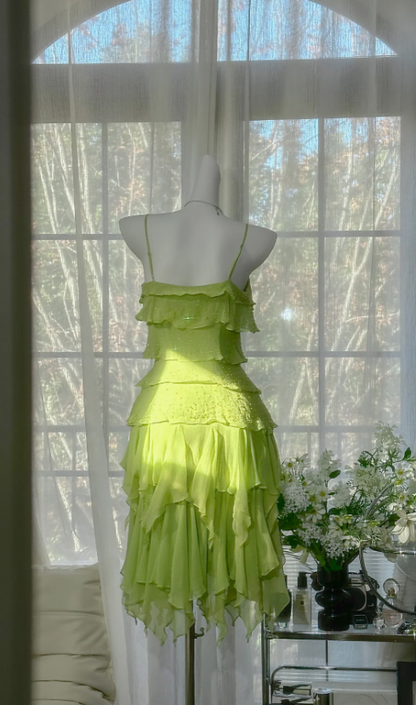 Chic Sheath Green Short Prom Dress Chiffon Spaghetti Straps Evening Dress Sleeveless Birthday Dress ED06486