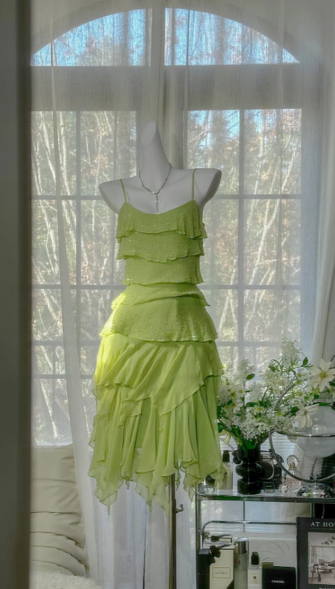 Chic Sheath Green Short Prom Dress Chiffon Spaghetti Straps Evening Dress Sleeveless Birthday Dress ED06486