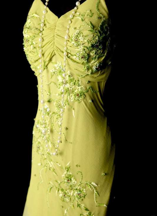 Vintage Yellow Long Prom Dress Chiffon Embroidered Halter Sheath Evening Dress Beaded Sleeveless Formal Dress ED06487