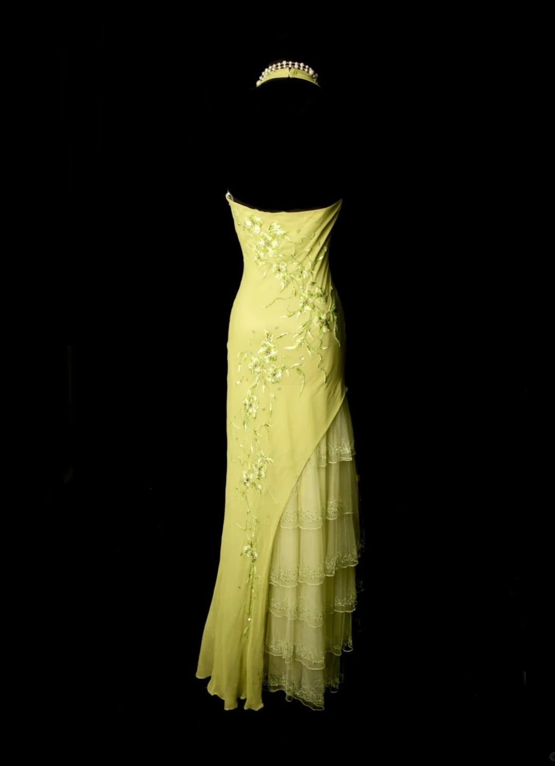 Vintage Yellow Long Prom Dress Chiffon Embroidered Halter Sheath Evening Dress Beaded Sleeveless Formal Dress ED06487