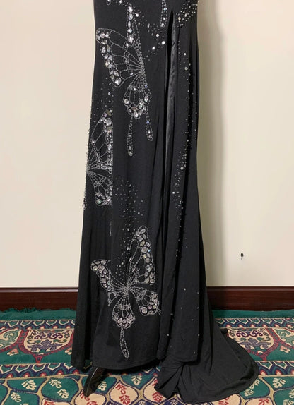 Chic Two-Piece Black Long Prom Dress Chiffon Beaded Sheath Evening Dress  Sleeveless Formal Dress ED06488
