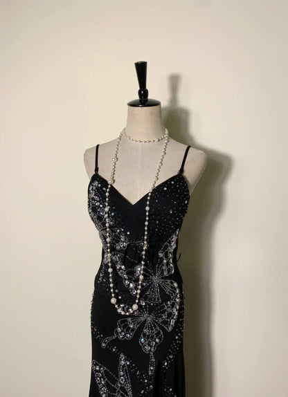 Chic Two-Piece Black Long Prom Dress Chiffon Beaded Sheath Evening Dress  Sleeveless Formal Dress ED06488